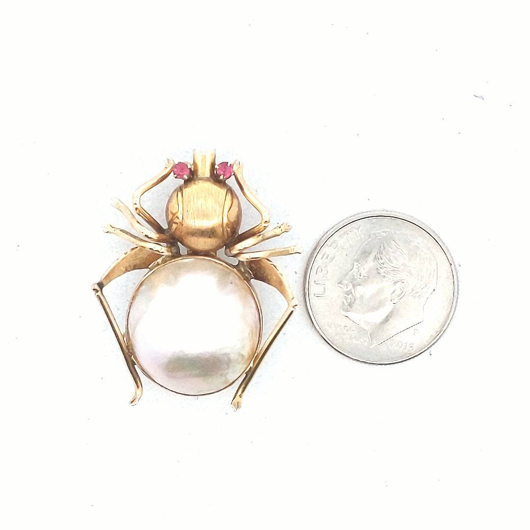 Vintage $700 14K Yellow Gold Mabe Pearl Natural Ruby Eye Bug Brooch