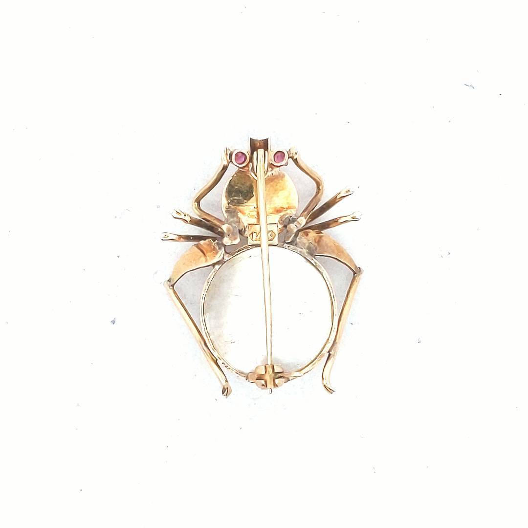 Vintage $700 14K Yellow Gold Mabe Pearl Natural Ruby Eye Bug Brooch