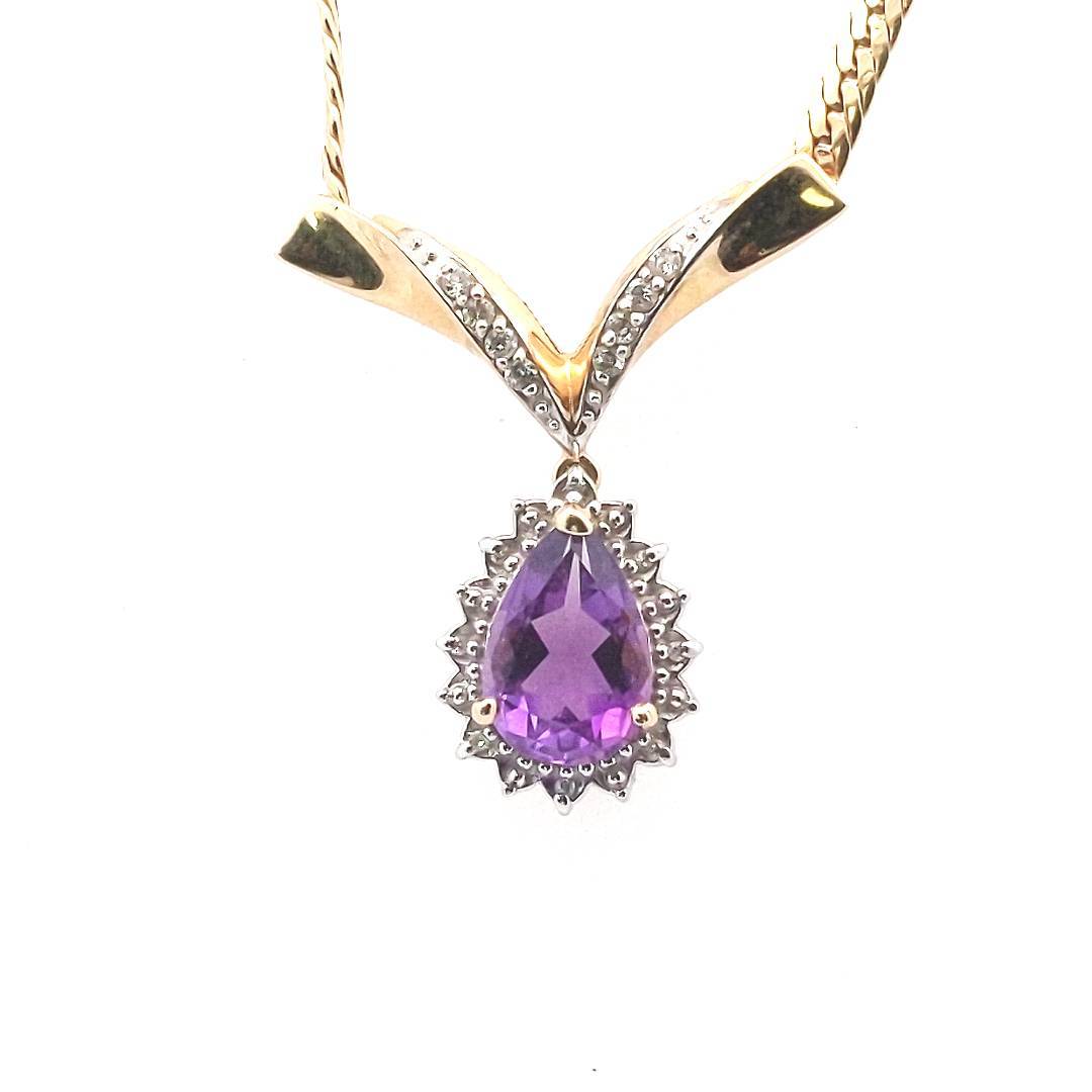 Vintage $1100 14K Two Tone Gold Amethyst Diamond V Drop Necklace
