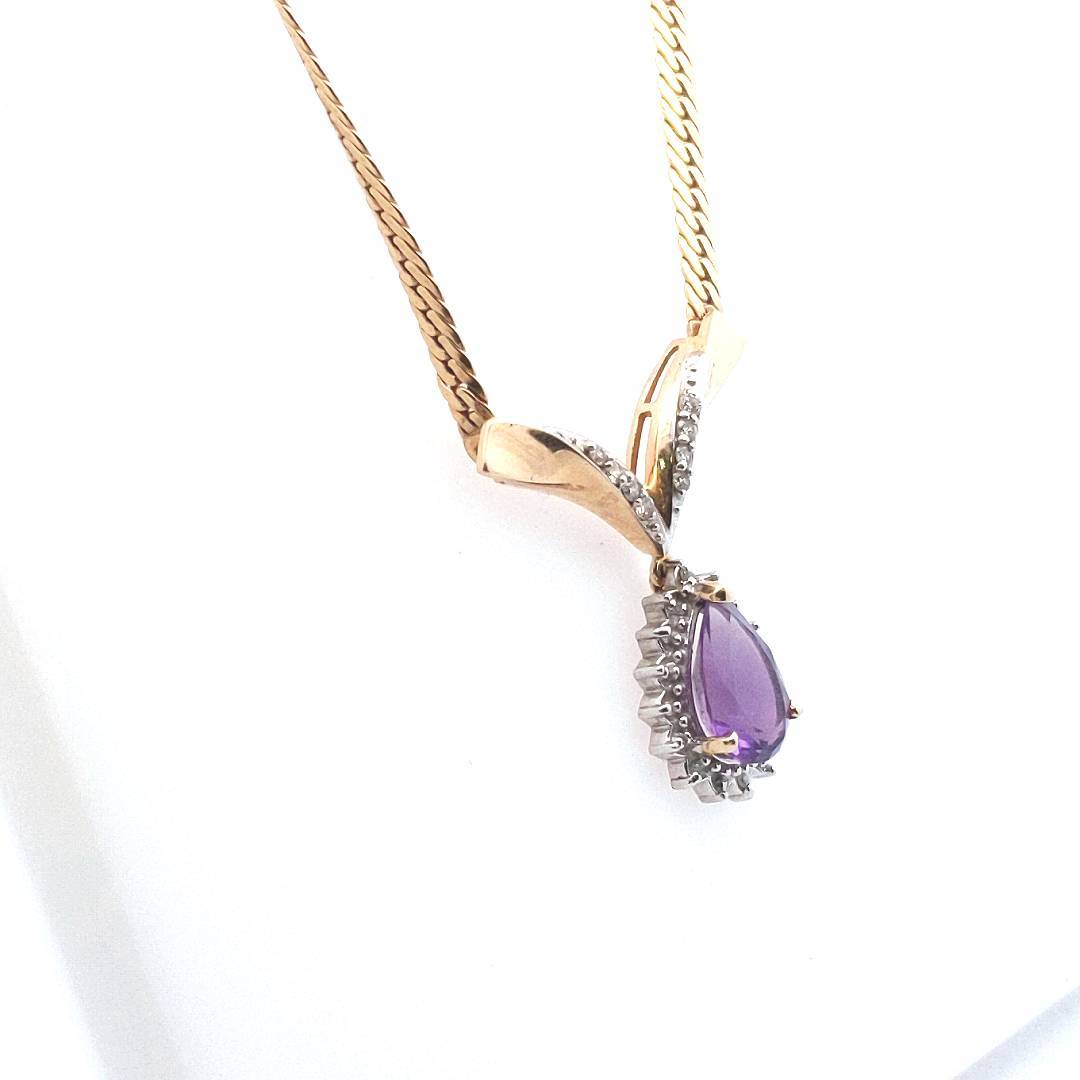 Vintage $1100 14K Two Tone Gold Amethyst Diamond V Drop Necklace