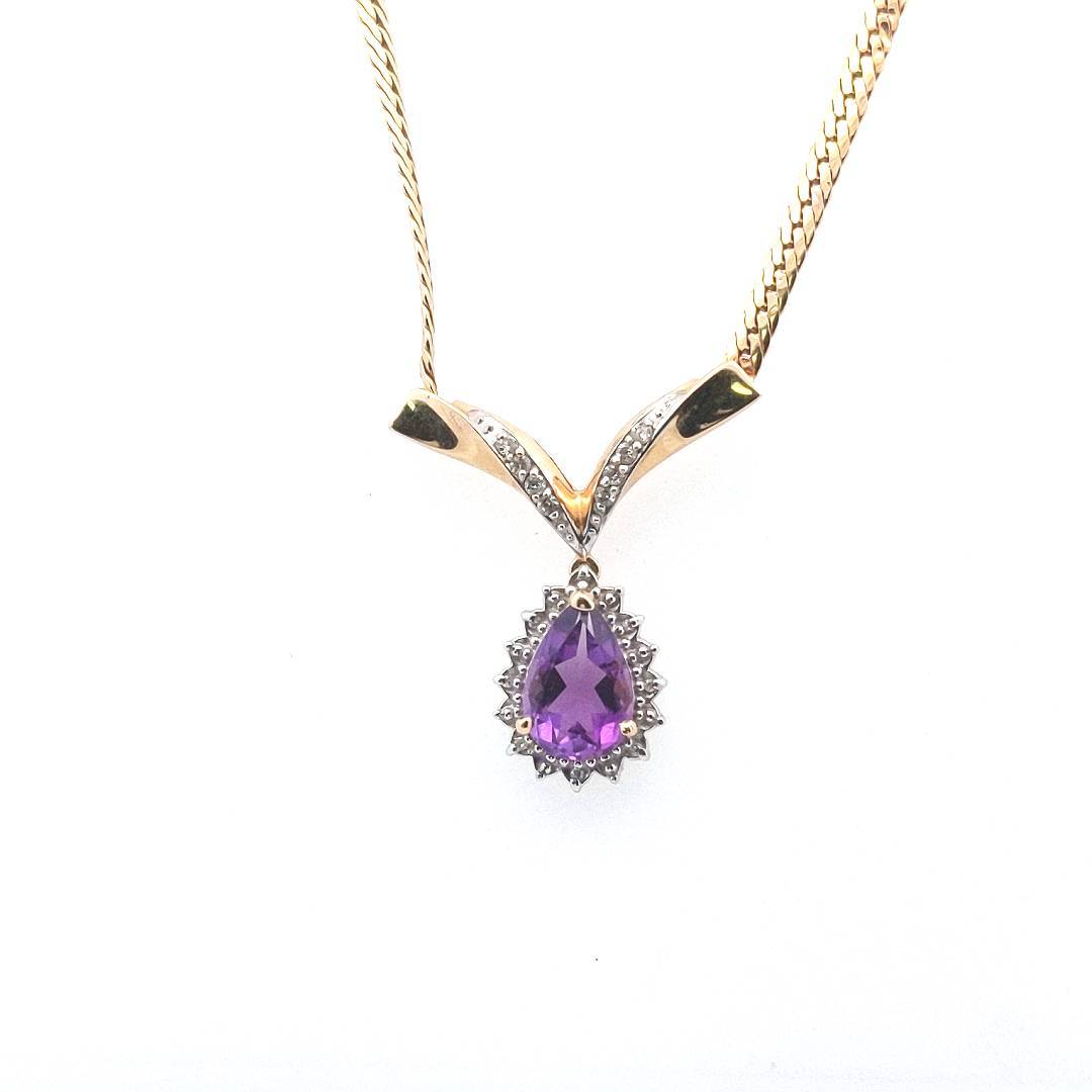 Vintage $1100 14K Two Tone Gold Amethyst Diamond V Drop Necklace