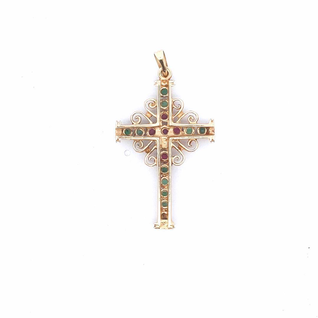 Estate $800 14K Yellow Gold Ruby Emerald Cross Scrollwork Design Pendant