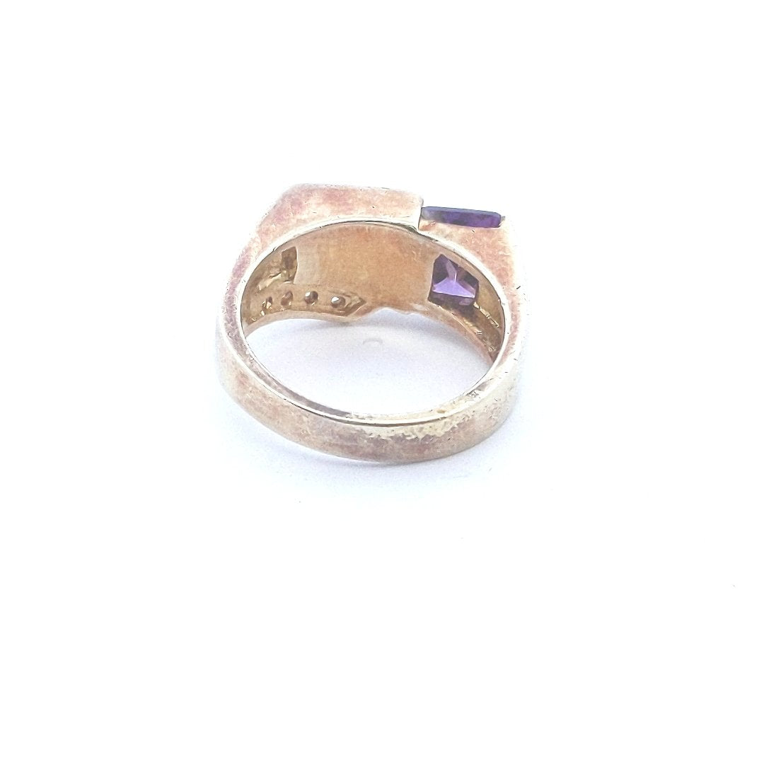Estate $100 Sterling Silver Vermeil Purple CZ Lab Created Opal Inlay Ring