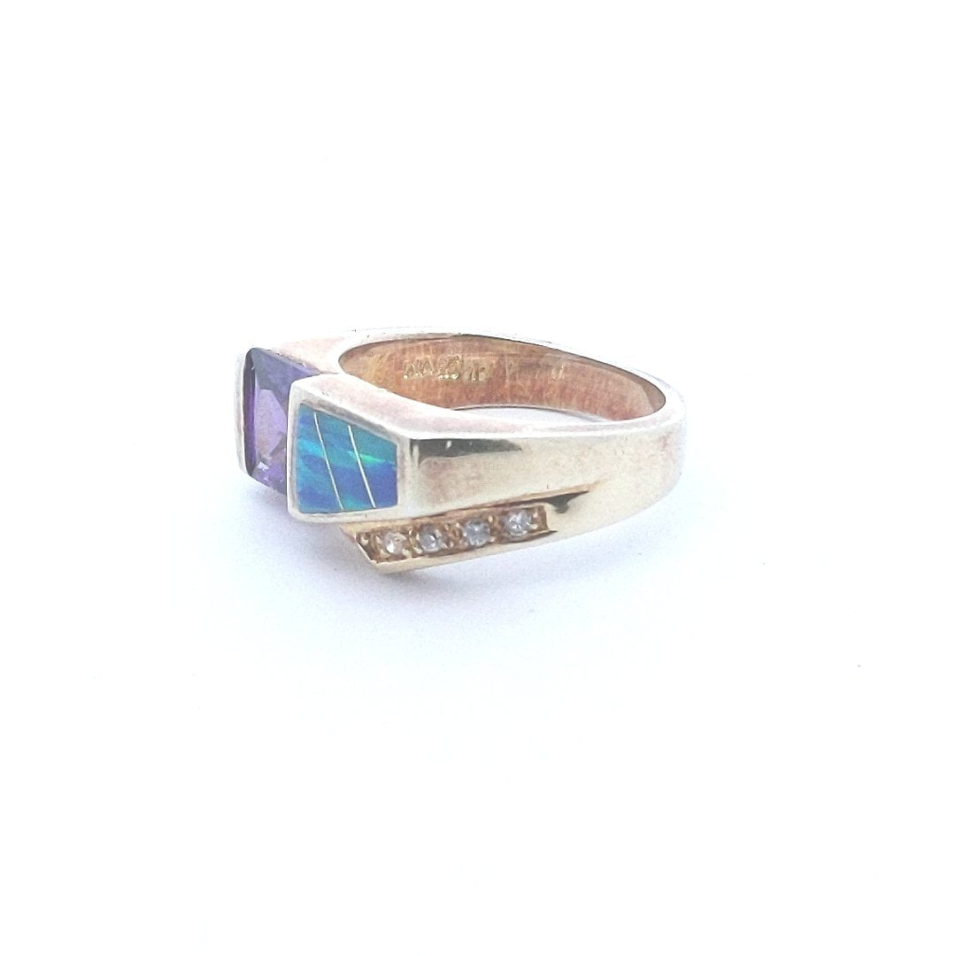 Estate $100 Sterling Silver Vermeil Purple CZ Lab Created Opal Inlay Ring