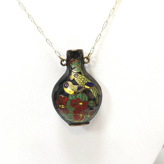 Estate $170 14K Yellow Gold Cloisonne Copper Vase Necklace