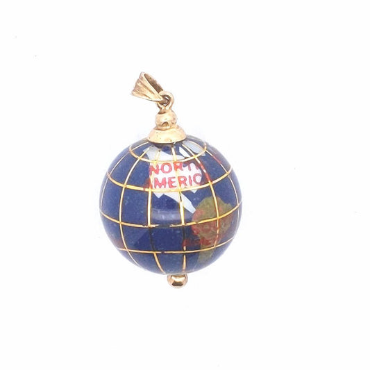 Estate $250 14K Yellow Gold Gemstone Inlay World Globe Pendant