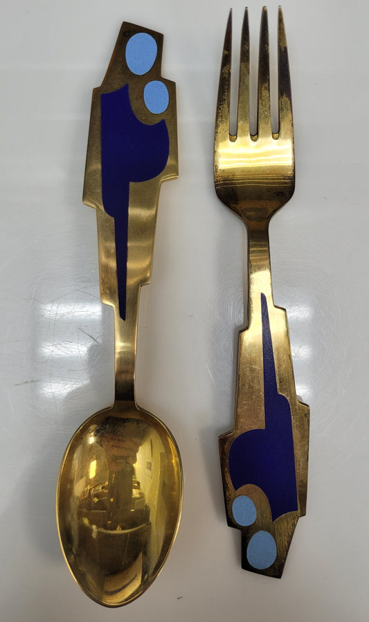 Vintage Sterling Silver A. Michelson Copenhagen Enamel Fork & Spoon Set