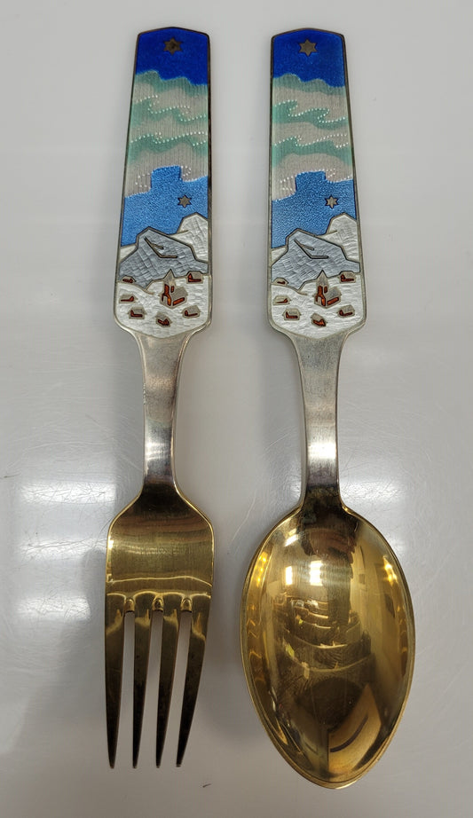 Vintage Sterling Silver A. Michelson Denmark Enamel Fork & Spoon
