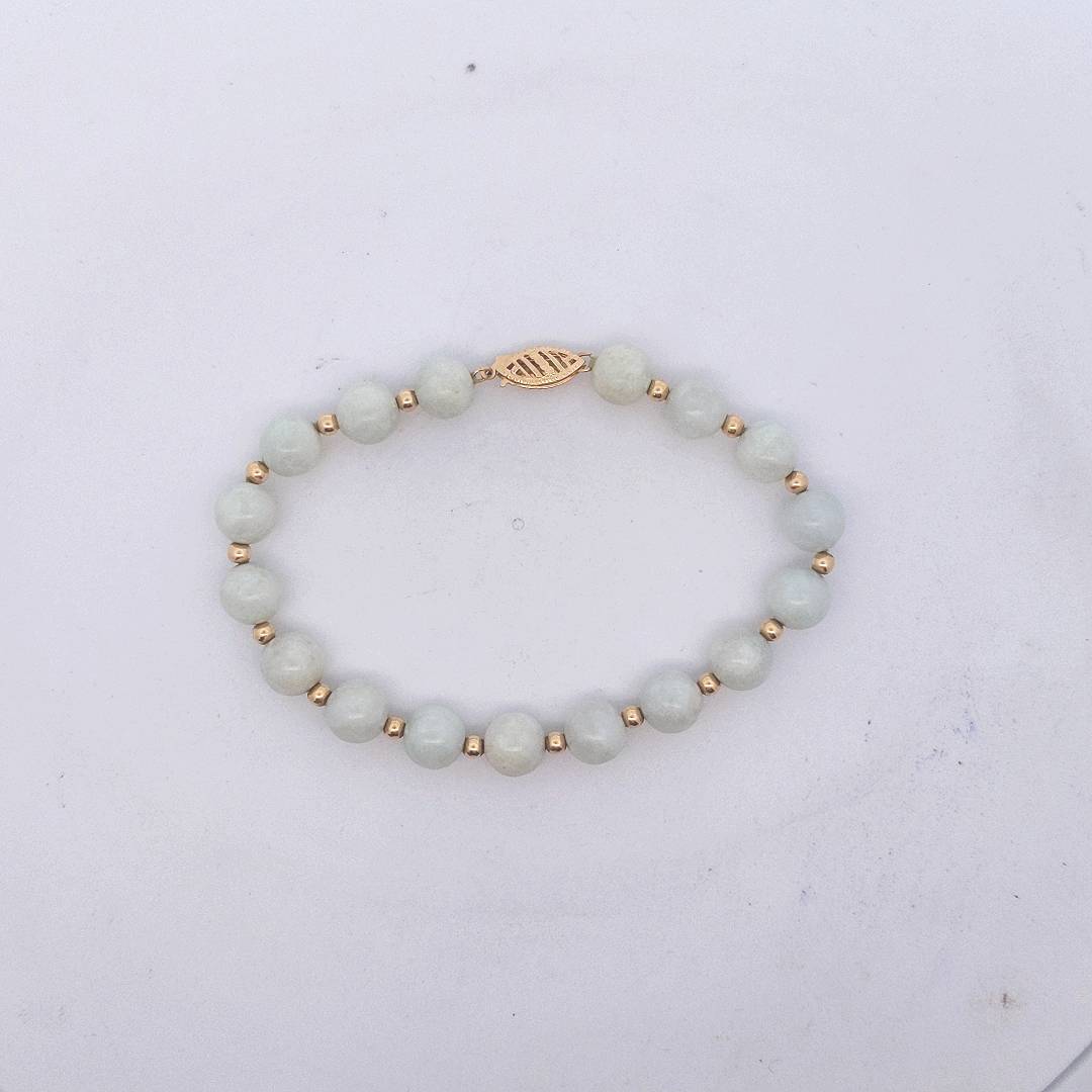 Estate $250 14K Yellow Gold Chinese Celadon Green Jade Bracelet & Hoop Earrings