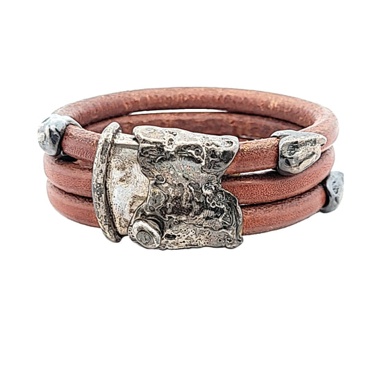 Vintage Ilana Goor Leather & Sterling Silver Abstract Screw Bracelet