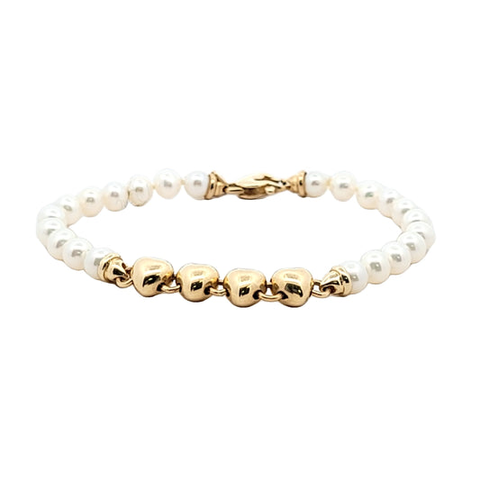 Vintage 14K Yellow Gold Freshwater Pearl Puffy Heart Bracelet