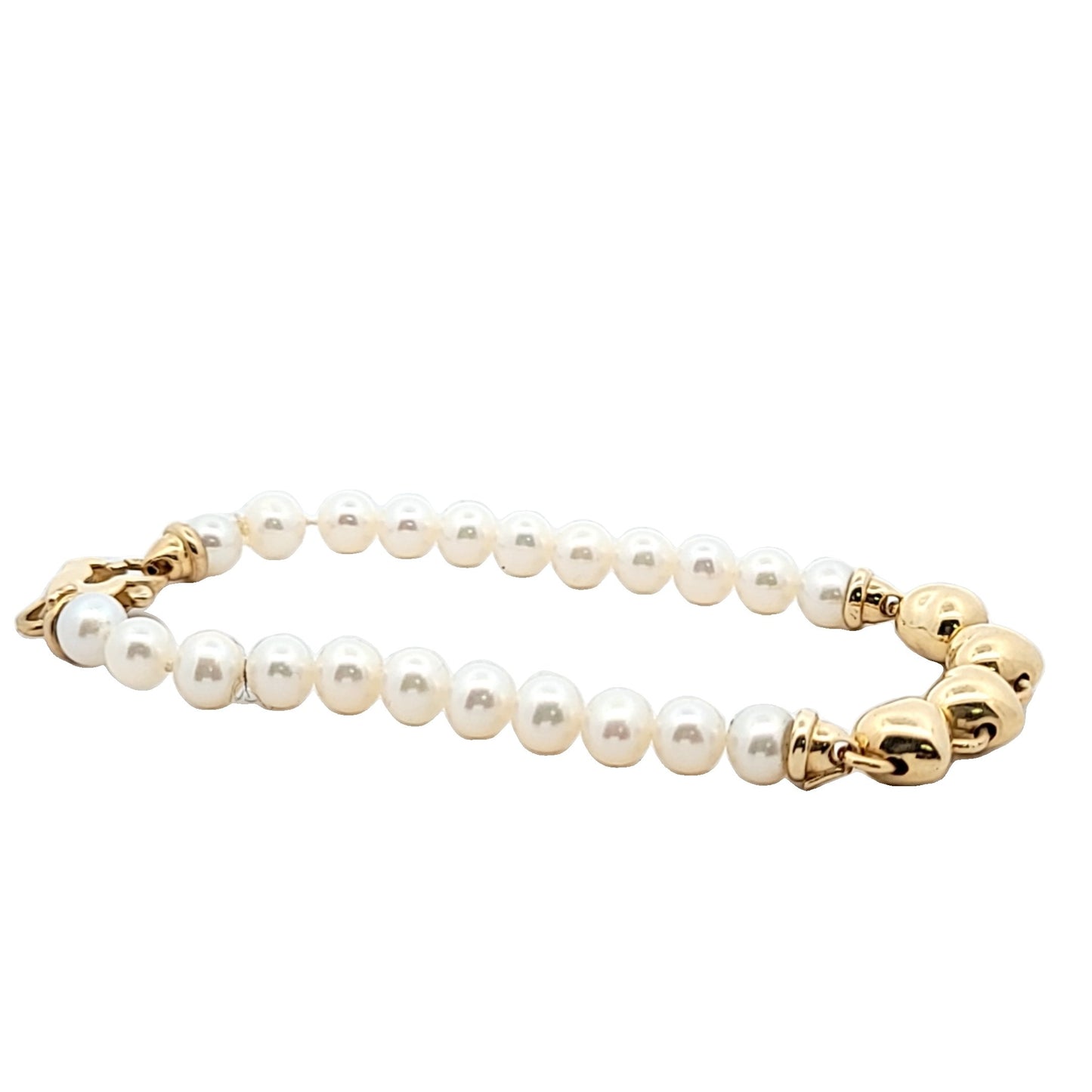 Vintage 14K Yellow Gold Freshwater Pearl Puffy Heart Bracelet