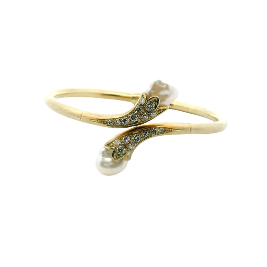 14K Yellow Gold Diamond & Baroque Pearl Hinged Bangle