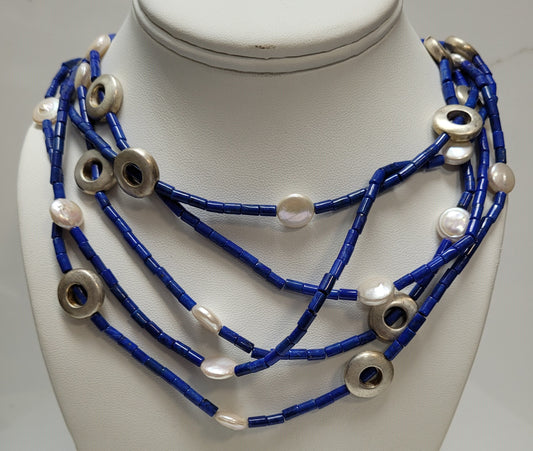 EVA SFID Sterling Silver Lapis Lazuli & Pearl 5-Strand Necklace