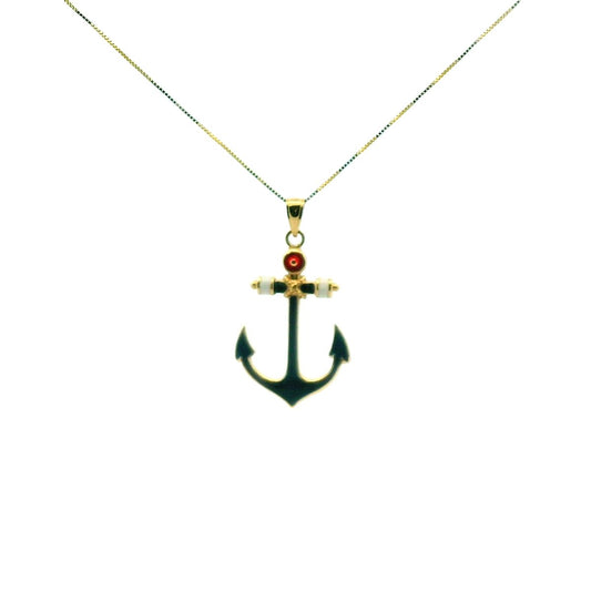 14K Yellow Gold Red White & Blue Enamel Anchor Necklace