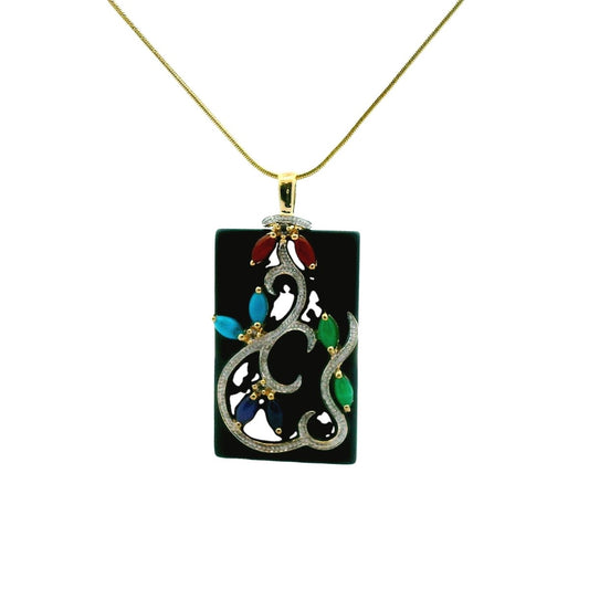 CID 14K Two Tone Gold Onyx Jade Turquoise & Topaz Necklace