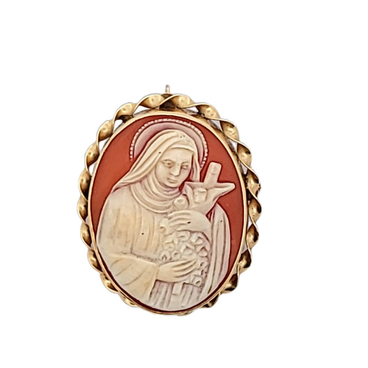 Vintage 14K Yellow Gold St Therese Carved Shell Cameo Brooch