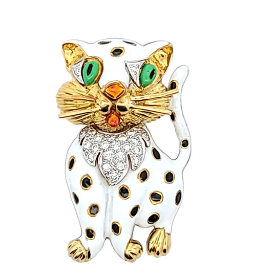 Vintage 18K Yellow Gold Diamond Enamel Cat Brooch