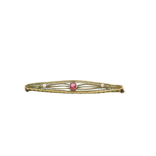 Edwardian 10K Yellow Gold Seed Pearl & Synthetic Ruby Brooch