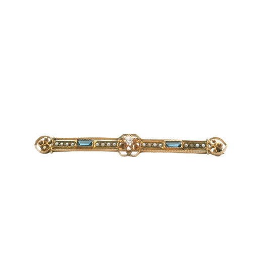 Antique 10K Yellow Gold Diamond Seed Pearl Blue Glass Bar Brooch