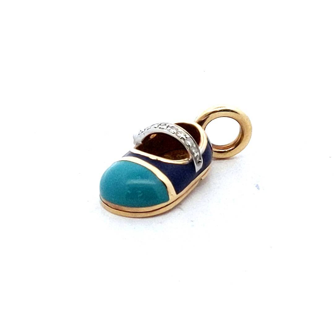 Designer 18K Two Tone Gold Aaron Basha Blue Enamel Diamond Baby Shoe Pendant