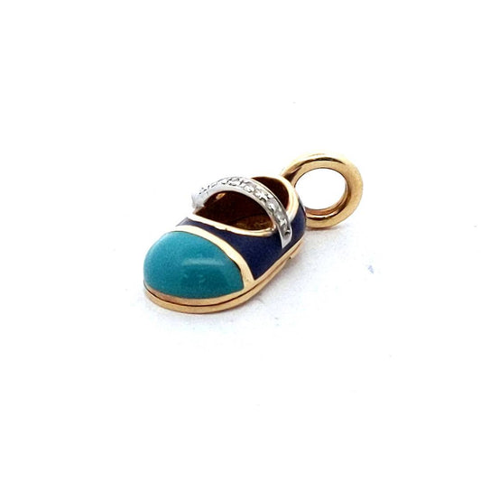 Designer 18K Two Tone Gold Aaron Basha Blue Enamel Diamond Baby Shoe Pendant