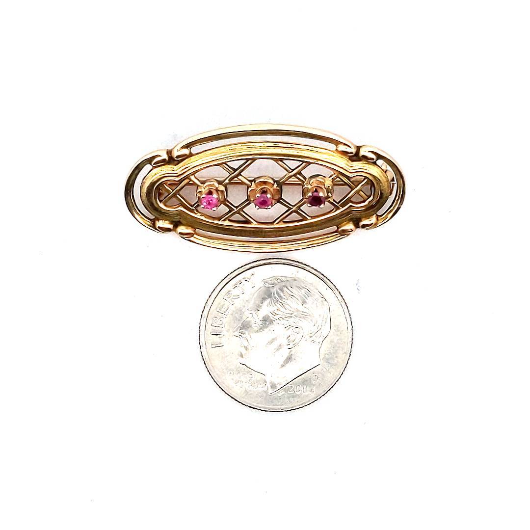 Antique 14K Yellow Gold Edwardian Ruby Lattice Brooch