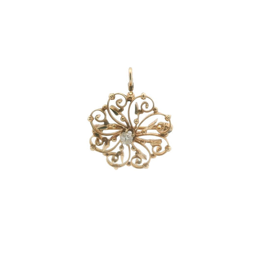 Antique 14K Yellow Gold Scrollwork Diamond Pendant Brooch