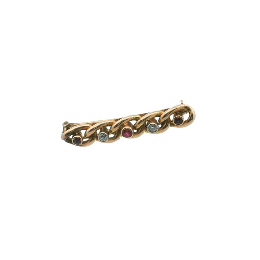 Antique 14K Yellow Gold Diamond & Ruby Chain Link Bar Brooch