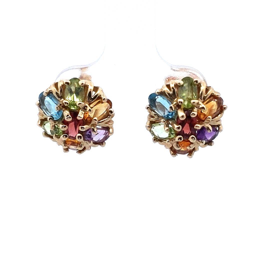 Estate 10K Yellow Gold Multi-Stone Cluster Earrings