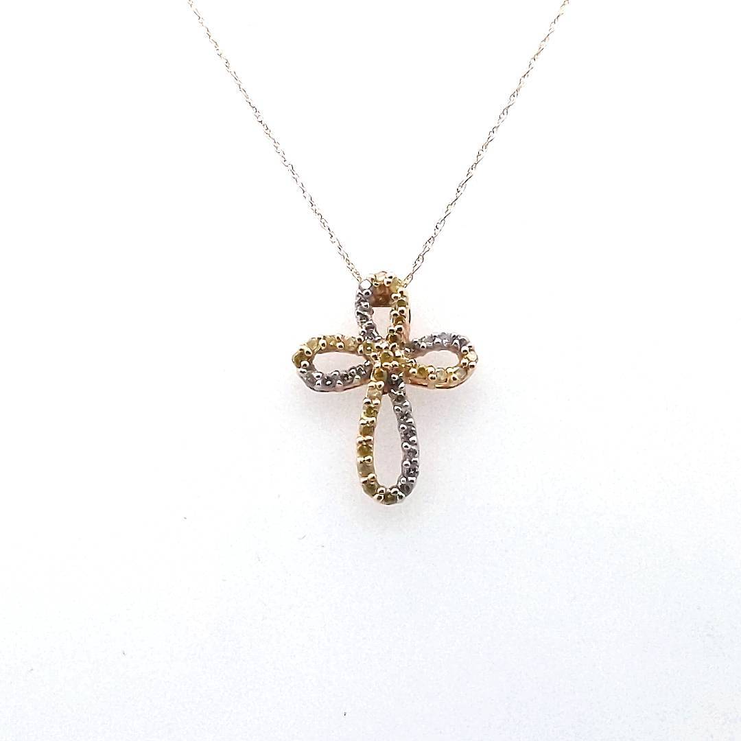 14K 2-Tone Gold White & Irradiated Yellow Diamond Infinity Cross Necklace