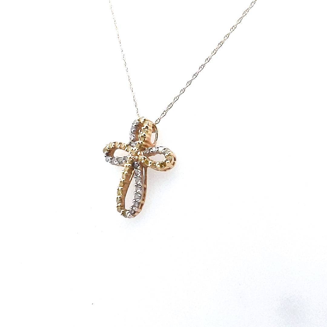 14K 2-Tone Gold White & Irradiated Yellow Diamond Infinity Cross Necklace