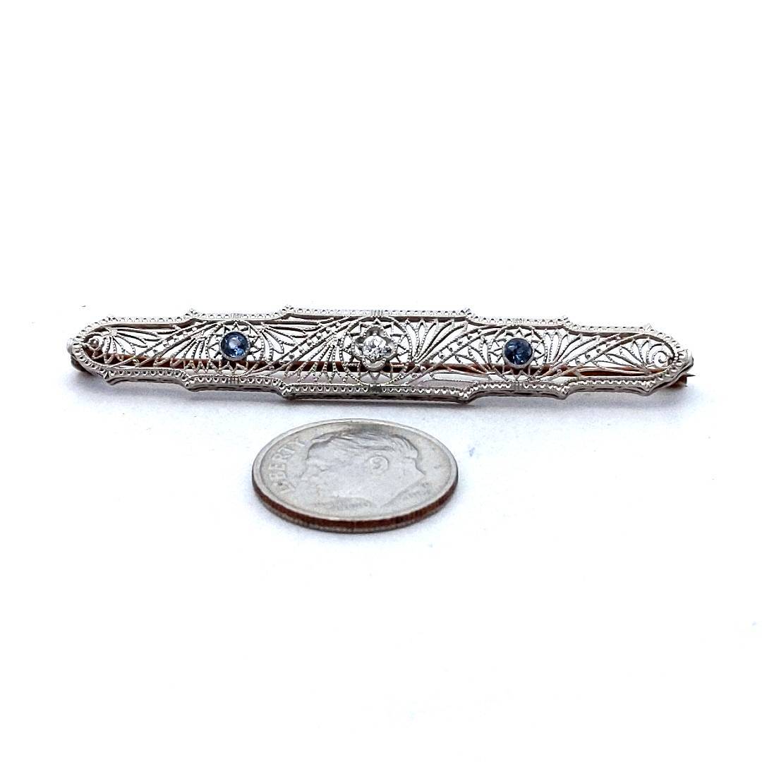 Platinum & 14K Gold Diamond & Lab Created Sapphire Filigree Brooch