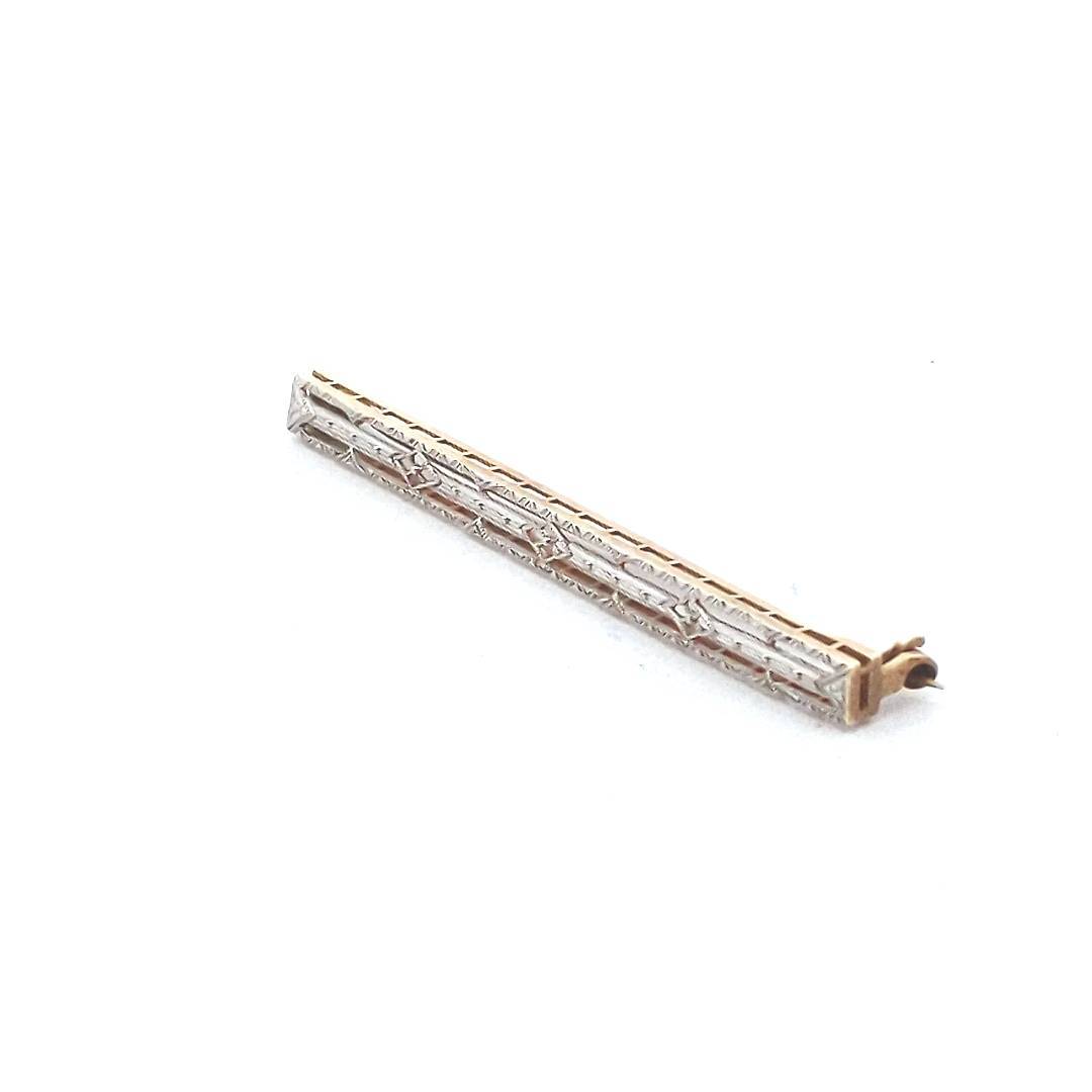 Antique 14K Yellow Gold Platinum Top Edwardian Filigree Bar Brooch