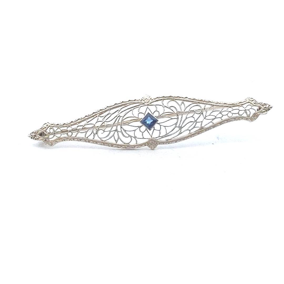 Antique 14K White Gold Edwardian Lab Created Sapphire Filigree Brooch