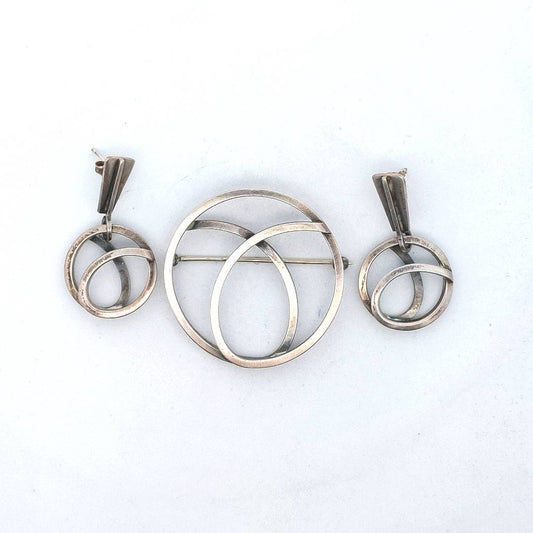 Vintage Paul Lobel Sterling Silver 1950s Mid-Century Circle Brooch & Earrings