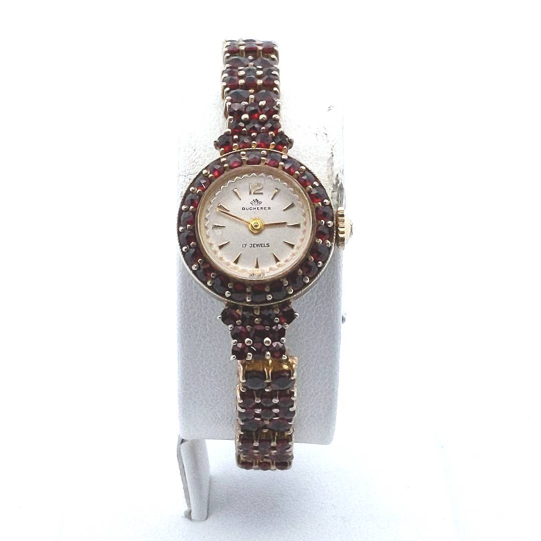 Estate Stainless Silver Gold Filled Bohemian Garnet Bucherer Manual Wind Watch