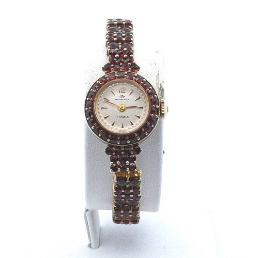 Estate Stainless Silver Gold Filled Bohemian Garnet Bucherer Manual Wind Watch