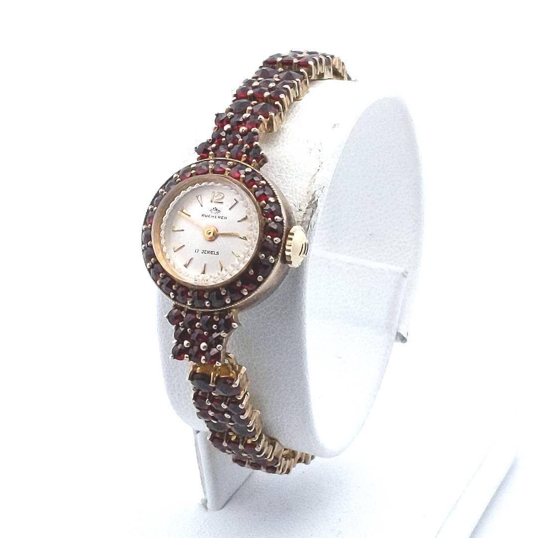 Estate Stainless Silver Gold Filled Bohemian Garnet Bucherer Manual Wind Watch