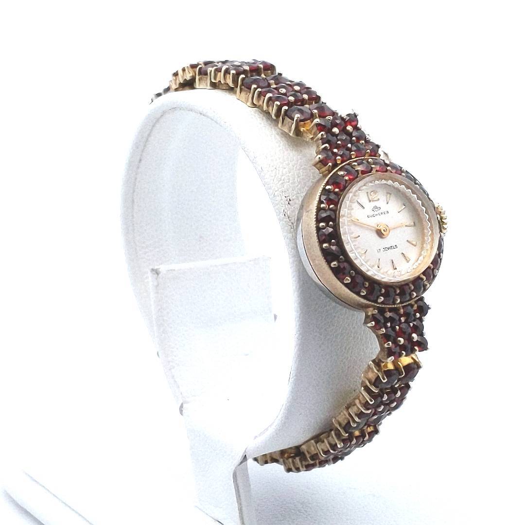 Estate Stainless Silver Gold Filled Bohemian Garnet Bucherer Manual Wind Watch