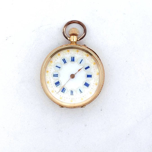 Antique 18K Yellow Gold Swiis Open Face Pocket Watch Fancy Dial