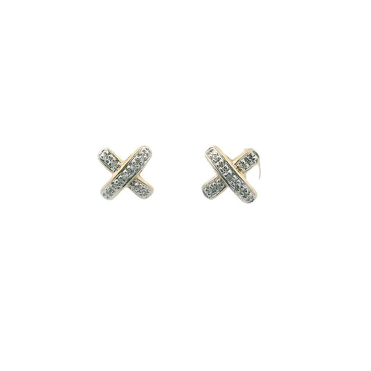 14K Two Tone Gold Diamond X Stud Earrings