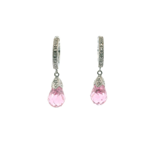 14K White Gold Diamond & Pink Crystal Drop Huggie Earrings
