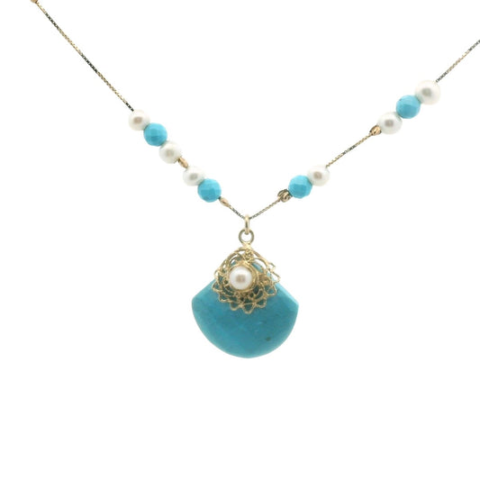 14K Yellow Gold Faceted Turquoise & Freswater Pearl Necklace