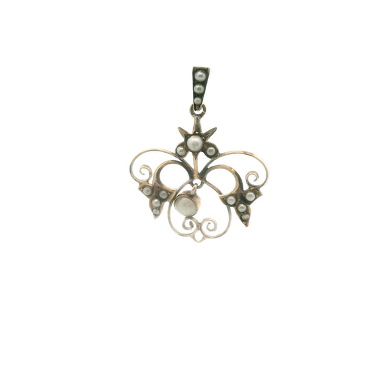 Antique 9K Yellow Gold Faux Pearl Wirework Pendant