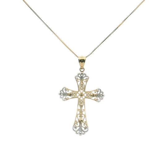 14K Two Tone Gold Filigree Wirework Cross Necklace