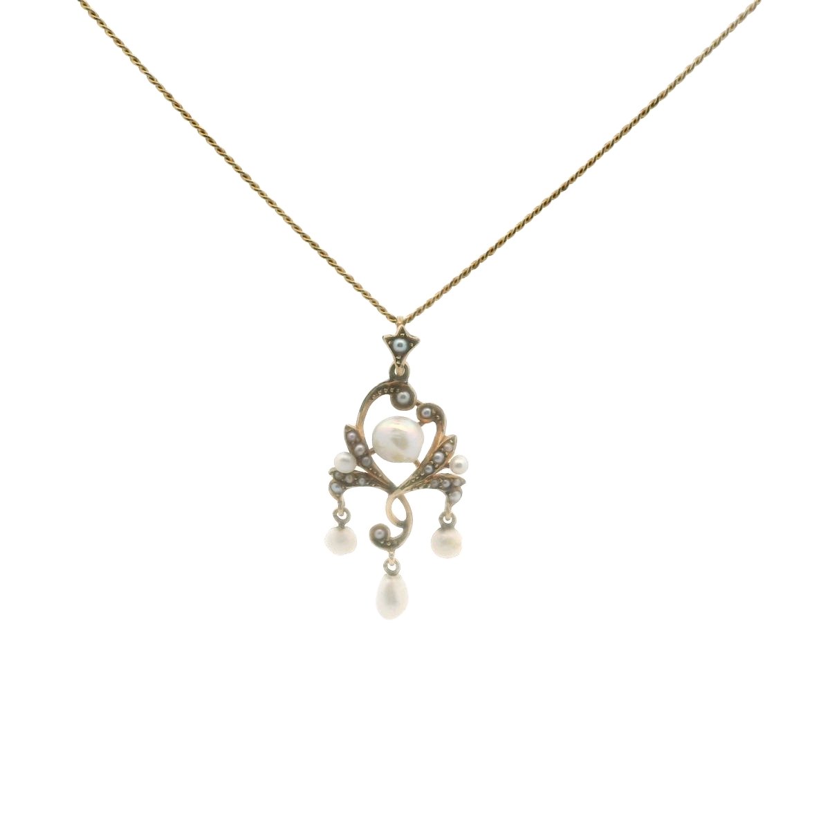 Edwardian 14K Yellow Gold Natural Pearl Lavalier Necklace