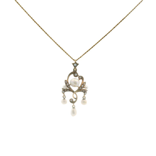 Edwardian 14K Yellow Gold Natural Pearl Lavalier Necklace