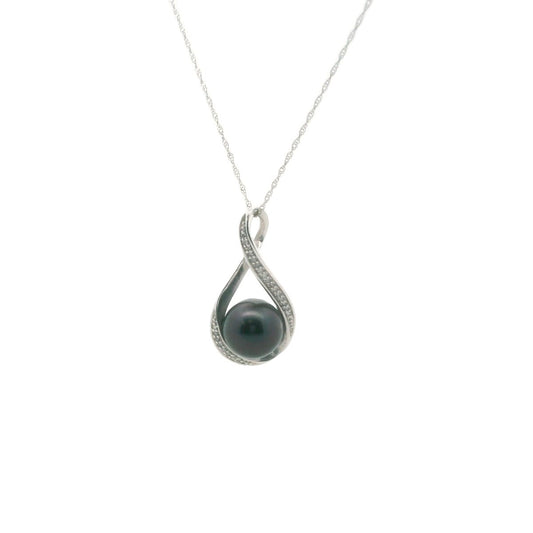 14K White Gold Diamond & Tahitian Pearl Necklace
