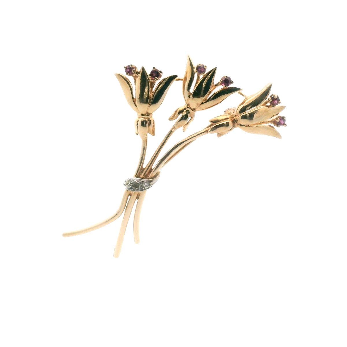 Vintage Two Tone Gold 14K Diamond & Ruby Flower Brooch